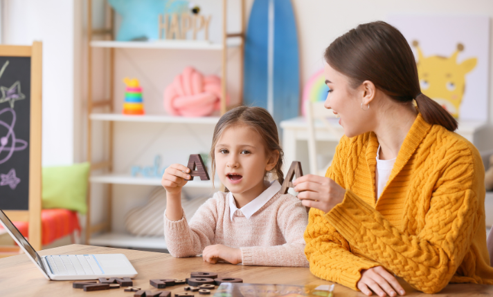Mother guiding her 9-year-old daughter during a learning session, exemplifying a nurturing educational environment.